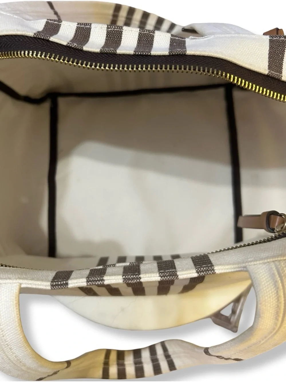 henri bendel Cream and Brown Striped Canvas Tote
